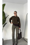 Women's Brown Striped Crew Neck Knitwear Sweater Low Shoulder Oversize Stripe Patterned Sweater - 2