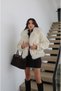 Ecru Fur Coat with Snap Closure