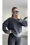 Women's Gray Blue Striped Crew Neck Knitwear Sweater Low Shoulder Oversize Stripe Patterned Sweater - 2