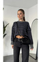 Women's Gray Blue Striped Crew Neck Knitwear Sweater Low Shoulder Oversize Stripe Patterned Sweater - 8