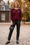 Burgundy Round Neck Long Sleeve Ribbon Patterned Collar with Stone Detail Casual Knitwear Sweater 63 60 - 4