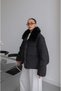 Black Elastic Waist Inflatable Coat with Fur Collar - 4