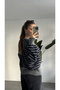 Women's Gray Blue Striped Crew Neck Knitwear Sweater Low Shoulder Oversize Stripe Patterned Sweater - 3
