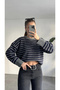 Women's Gray Blue Striped Crew Neck Knitwear Sweater Low Shoulder Oversize Stripe Patterned Sweater - 5
