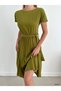 Crepe Fabric Dress with Pleated Skirt and Belted Waistband (Color)