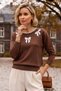 Light Brown Round Neck Long Sleeve Ribbon Patterned Collar with Stone Detail Casual Knitwear Sweater 63 60 - 7