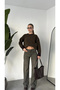 Women's Brown Striped Crew Neck Knitwear Sweater Low Shoulder Oversize Stripe Patterned Sweater - 4