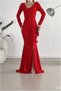V Long Evening Dress with Sleeves Maxi Collar Slit Dress - 2
