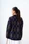 Women's Shirt Collar Half Buttoned Diamond Pattern Knitwear Sweater Navy Blue - 5