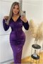Velvet Belted V-Neck Evening Dress Fabric Collar Dress - 2