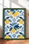 Blue Leafy Lemon Pattern on White Background Framed Painting Italy Poster Wall Decor Itn048