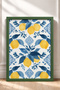 Blue Leafy Lemon Pattern on White Background Framed Painting Italy Poster Wall Decor Itn048 - 3