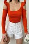 Flexible Sandy Long Sleeve Fabric Collar Square Blouse - 5