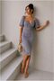 Crepe Belted V-Neck Evening Dress with Fabric Collar