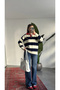 Women's Navy Blue White Polo Collar Buttoned Striped Knit Sweater with Embroidery Detail Oversized Sweater - 4