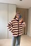 Premium Striped Zippered Fleece Cardigan - Ecru-Burgundy - 2