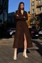 Women's Shawl Collar Belted Long Cashmere Brown Coat - 5