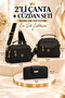 Women's Black Hand and Shoulder Bag with Three Compartments and Black and Black + Wallet Card Holder
