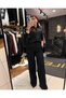 Women's Black Shirt and Pants Suit with Lace and Stone Details - 2