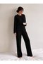 Women's Long Sleeve Patterned Report Fabric Soft Pajama Set – Relaxed Fit Crew Neck Bottom Top Set - 2