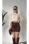 Women's Brown High Lace Detailed Suede Mini Skirt with Lacing at the Hem Stylish Skirt - 3