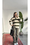 Women's Cream Green Polo Collar Buttoned Striped Knitwear Sweater with Embroidery Detail Oversize Sweater - 2