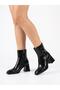 Women's Black Zipper Detailed Blunt Toe Thick Heeled Boots