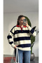 Women's Navy Blue White Polo Collar Buttoned Striped Knit Sweater with Embroidery Detail Oversized Sweater - 2