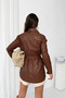 Women's Brown Belted Faux Leather Jacket Shirt Nj205 - 5