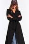 Women's Wide Collar Belted Long Black Coat with Side Pockets - 5