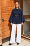Women's Belted Bat Sleeve Cape Cut Short Navy Blue Coat