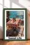 Dolce Vita Striped Tablecloth Terrace Table with Framed Painting, Italy Poster, Wall Decor, Itp114.
