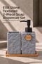 Eva 350 ml Porcelain Liquid Soap Dispenser and Toothbrush Holder with a Natural Stone-Look Finish and Bamboo Tray, Gray