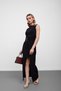 Black Gathered Dress with Buckle Detail and Slit - 3