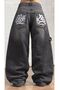 Baggy Black Washed Denim Pants with Pocket Embroidery and Side Strap Detail, Y2K Style.
