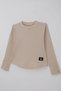 Girl's Long Sleeve T-Shirt with Heart Embroidery on Sleeves and Button Accessory Detail, Ages 9-14, Beige - 6
