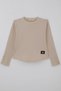 Girl's Long Sleeve T-Shirt with Heart Embroidery on Sleeves and Button Accessory Detail, Ages 9-14, Beige - 4