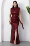 Stand Collar Slit Belted Sequin Dress 39941 - 3