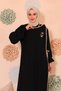 Hijab Dress Ferace Black Elif Vav Embroidered Snap Fastener Ribbed Medina Silk - 8