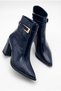 Women's Custom-Designed Buckle Detail Zip-Up Pointed-Toe Mid-Heel Navy Patent Leather Boots - 3