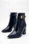 Women's Custom-Designed Buckle Detail Zip-Up Pointed-Toe Mid-Heel Navy Patent Leather Boots - 4