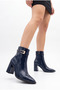 Women's Custom-Designed Buckle Detail Zip-Up Pointed-Toe Mid-Heel Navy Patent Leather Boots - 7