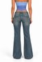 Y2K Low Flare Side Belted Blue Washed Jean Double Button Pants 100% Cotton - 3