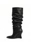 Women's Black Bellows Boots Pointed Toe Wedge Heel Gathered Stylish Boots - 7