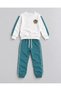 Boy's 3 Thread Teddy Bear Appliqued Ribbed Tracksuit Set Ecru Petrol Blue - 5