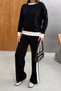 Women's Black Stylish Stripe Detailed Crew Neck Sweater Wide Leg Pants Bottom Top Two-Piece Knitwear Set - 2