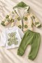 Baby Girl 3-Piece Set Hooded Plush Floral Patterned Cardigan Teddy Bear Printed Long Sleeve Sweatshirt and Matching - 2