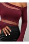 Women's long sleeve one shoulder open beaded and tulle detailed diver blouse - 2