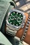 Square Green Dial-Silver Color Steel Strap-Functions Active Men's Wristwatch+Chain Bracelet