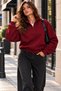 Women's Oversize Sweatshirt with Half Zipper, High Collar, Comfortable Fit, Casual Sweatshirt - Burgundy - 6